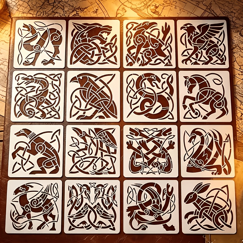 TEMU 16pcs Set 10x10cm Celtic Style Hollow Template Suitable For Walls, Canvases, And Fabrics - Reusable And Washable Pet Material Template With