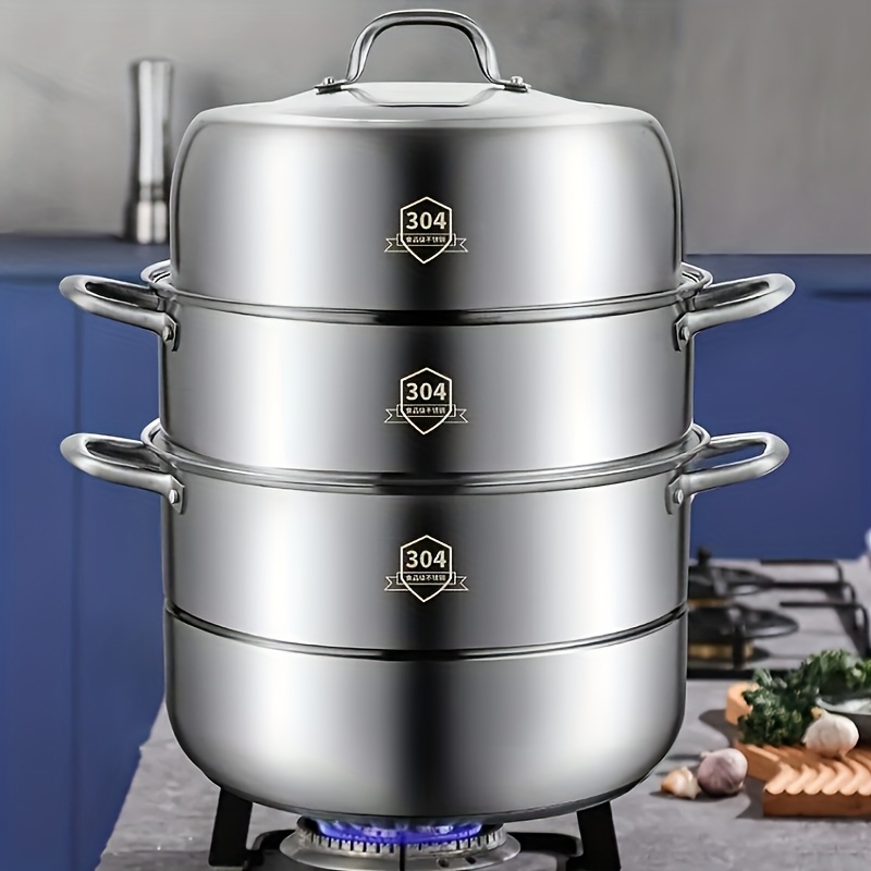 TEMU 3-layer Stainless Steel Steamer Pot With Glass Lid - Large Capacity Multi-use Steamers For Dumplings, Buns, Seafood, Vegetables - Durable