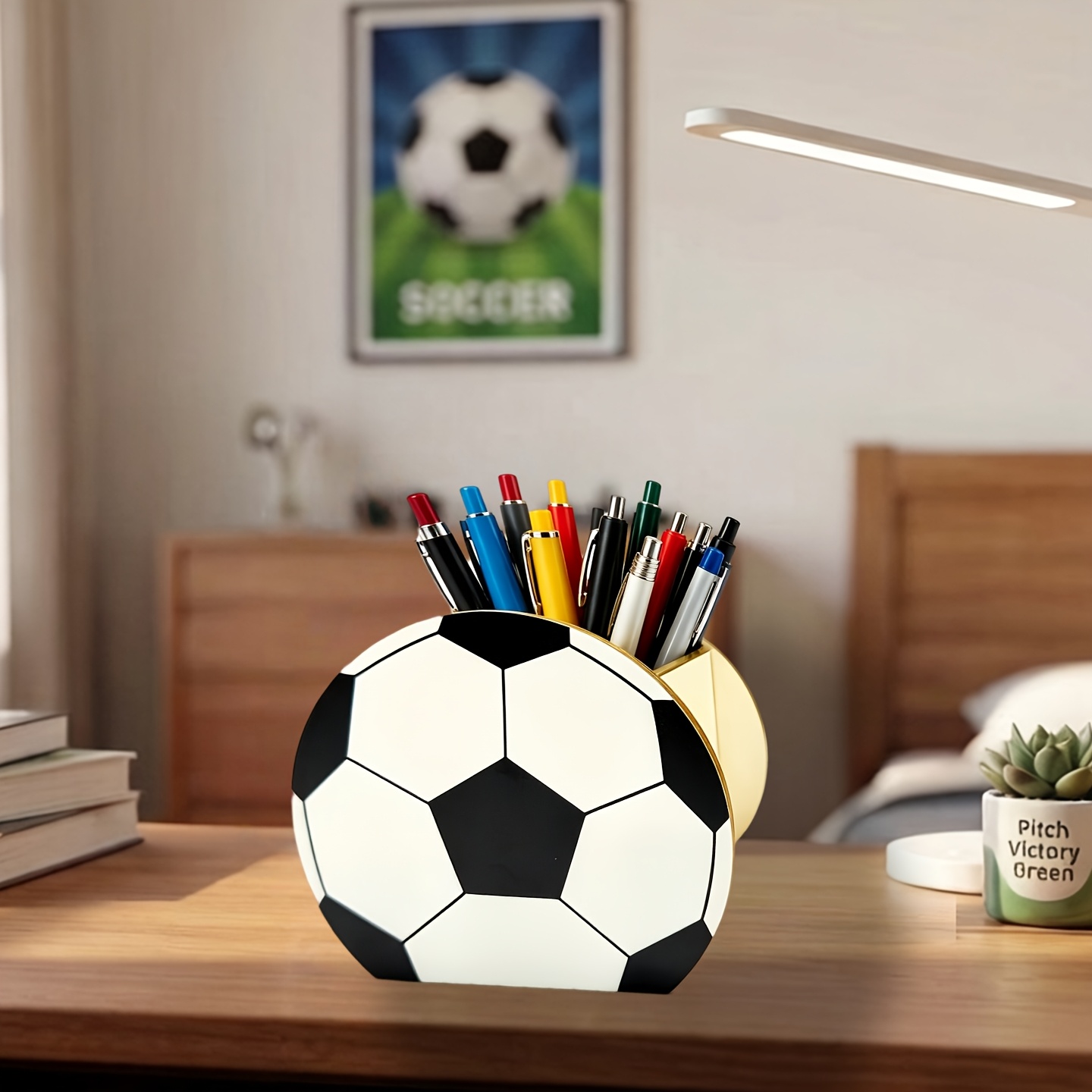 Image of 1set Diy Soccer Ball Pen Holder, Wooden Desktop Pencil Organizer, Football Pattern Desk Storage Box For Home Office, Creative Sports Style Stationery Holder, Ideal Gift For Soccer Fans