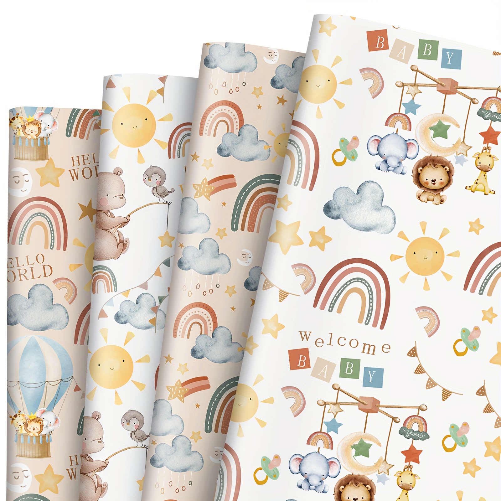 

Boho Rainbow Themed Gift Wrapping Paper - 12 Sheets Of Cartoon Animals & Rainbows Design For Baby Showers, Birthdays, And Crafts - Foldable Flat Packaging Paper Set, 19.7x27.6 Inches