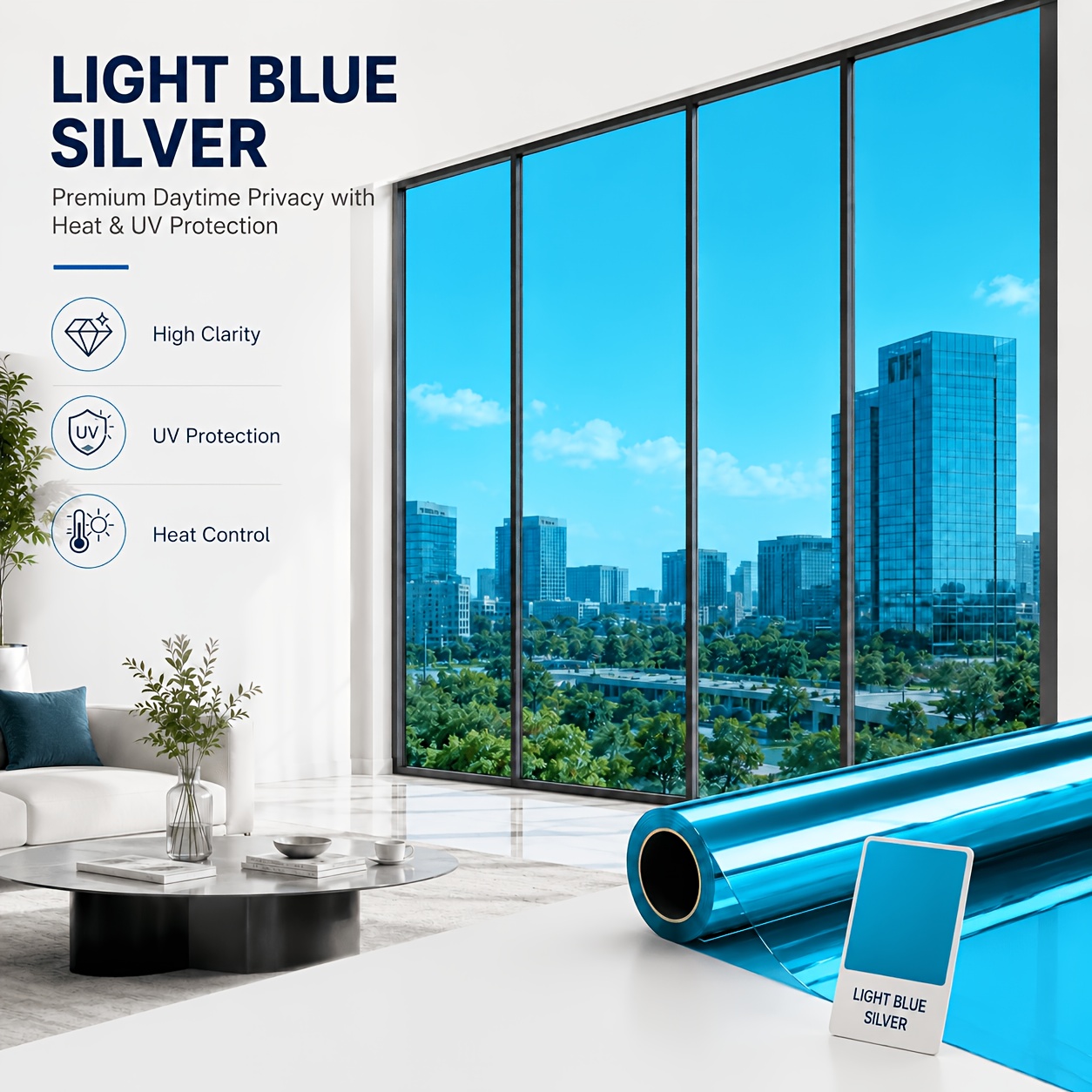 TEMU Static Cling Film - Black-silver Reflective Surface, Daytime Privacy With Glare Control & Heat Reduction, Perfect For Corporate Offices & Retail
