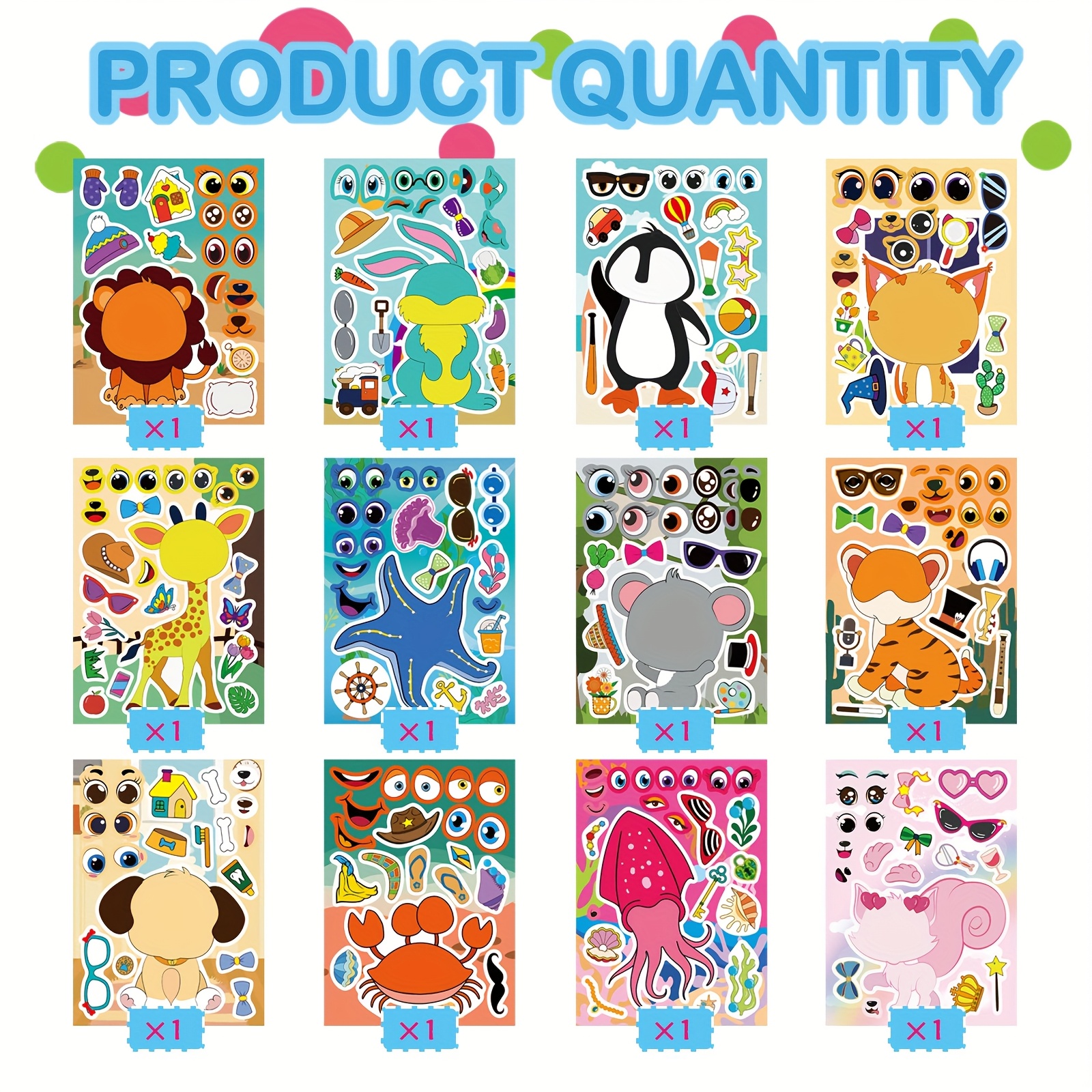 Image of 12/24 Sheets Face Stickers, Cartoon Animal Paper Decals, Self-adhesive Art Crafts For Party Favors, Single Use, Rectangular Shape, Perfect For Teacher Rewards And Gifts