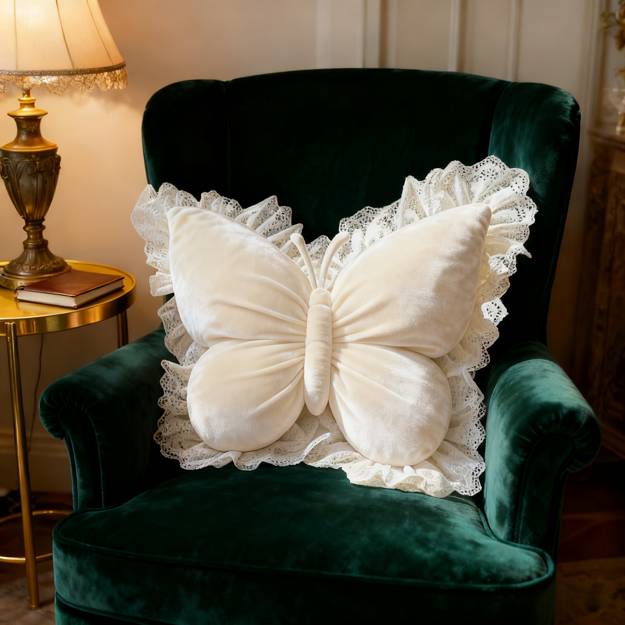 TEMU -shaped White Lace-trimmed Luxurious Velvet Decorative Pillow 55 X 48 Cm / 21.65 X 18.9 Inches, Machine Washable, Cushion. Perfect For Living
