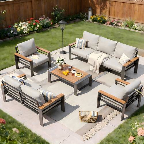 aluminum outdoor patio furniture set featuring cushions and armrests backyard garden and poolside relaxation
