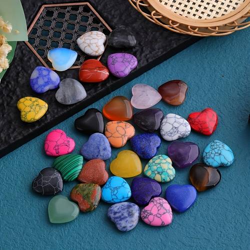 30pcs Assorted Heart-Shaped Natural Polished Crystal Loose Stones, Healing Crystal Carved Love Hearts, Jewelry Accessories and Parts for Valentine's Day Gift