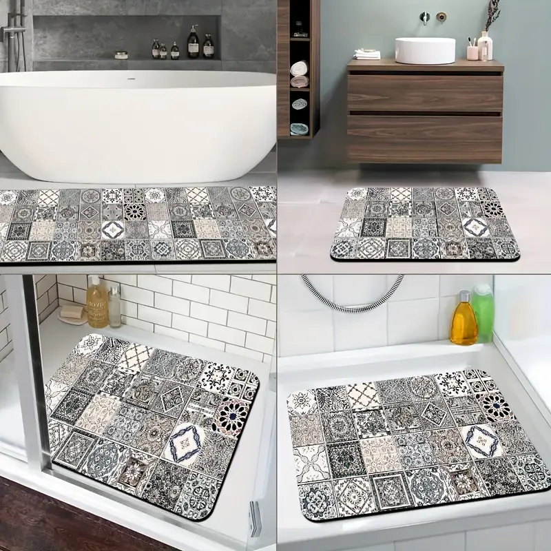 1pc diatomite bath mat classic retro tile pattern print design quick dry non slip absorbent floor mat soft and comfortable for bathroom shower laundry room bedroom doorway kitchen rug rv bathroom Product details 8