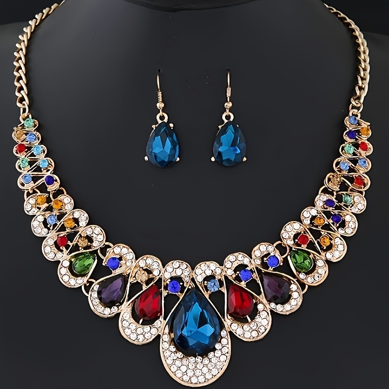 

Rhinestone Inlaid Alloy Jewelry Set For Wedding - Vintage Style Necklace And Earrings With Sparkle