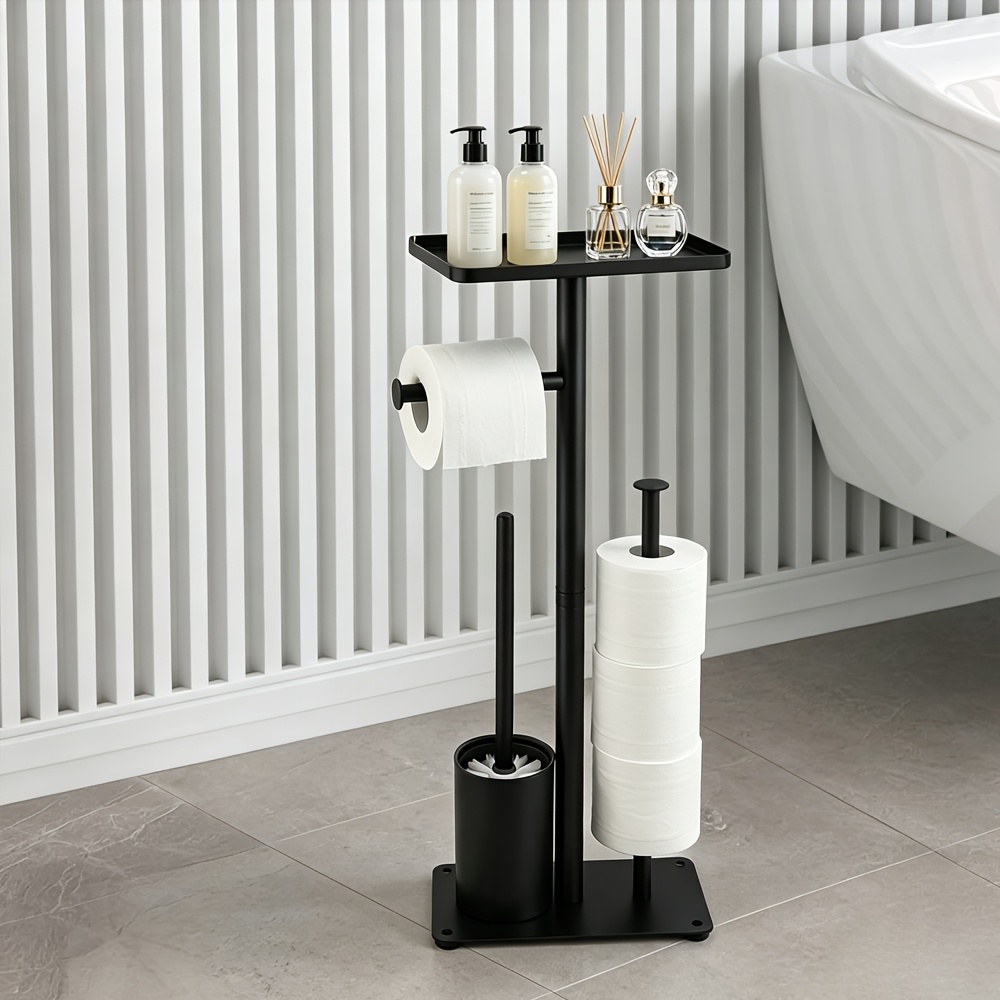 TEMU Distributeur de papier toilette moderne minimaliste noir pour salle de bain avec plateforme de rangement mobile et ensemble brosse WC et support