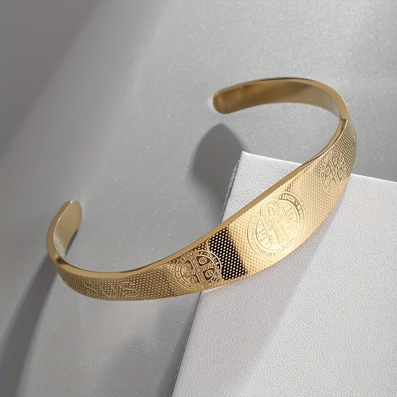 Unisex Stainless Steel Open Bangle Bracelet with Cross Design