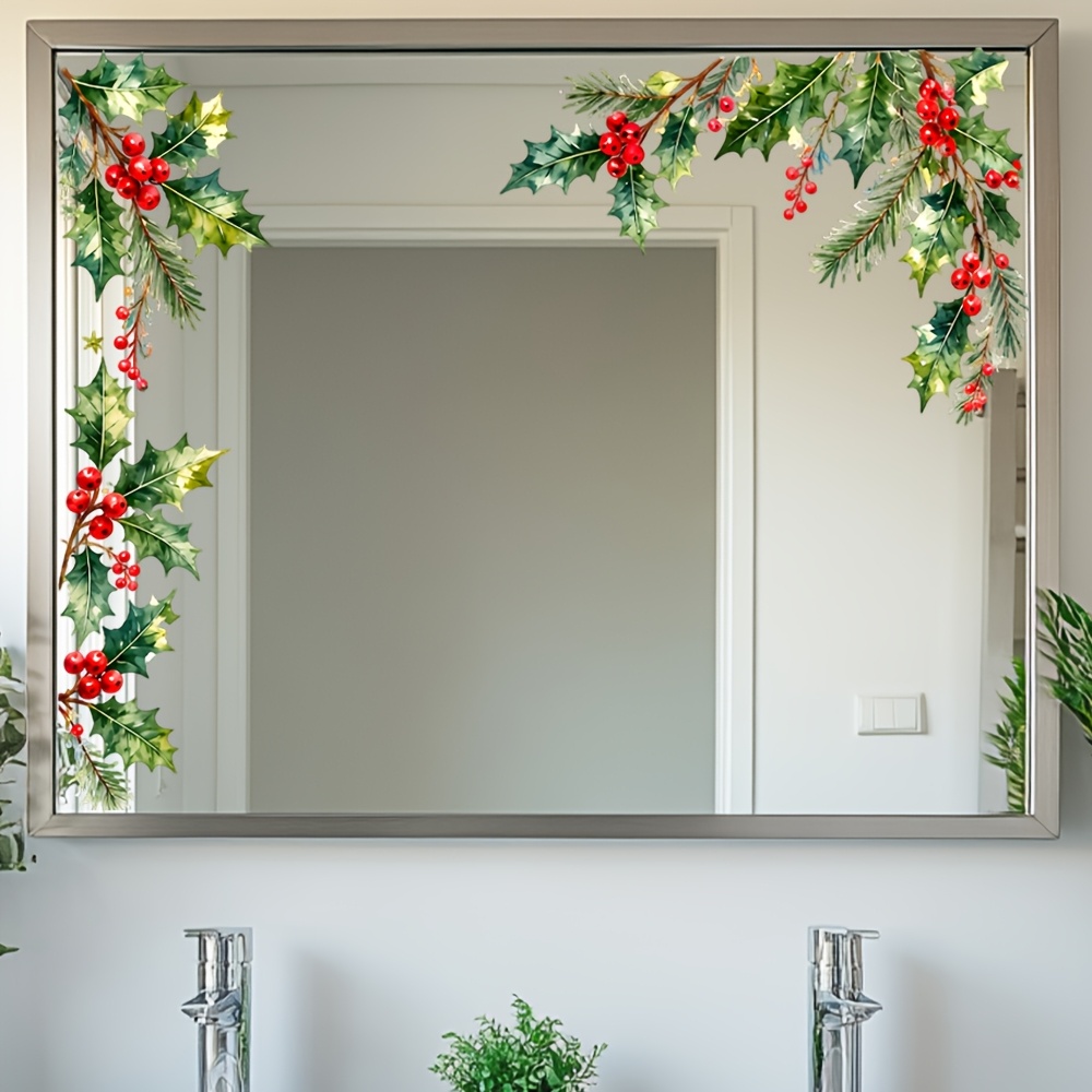 TEMU 1pc Fresh Hand-painted Christmas Border Glass Sticker, Branches And Leaves, Adhesive-free Mirror Glass Atmosphere Decal