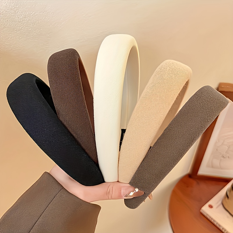 Image of 5-pack Wide Elastic Headbands For Women - Soft Fabric Hair Bands In Neutral Colors, Design, Perfect For Daily Wear, Work Or Casual Outfits (black, Brown, Beige, Cream & Gray)