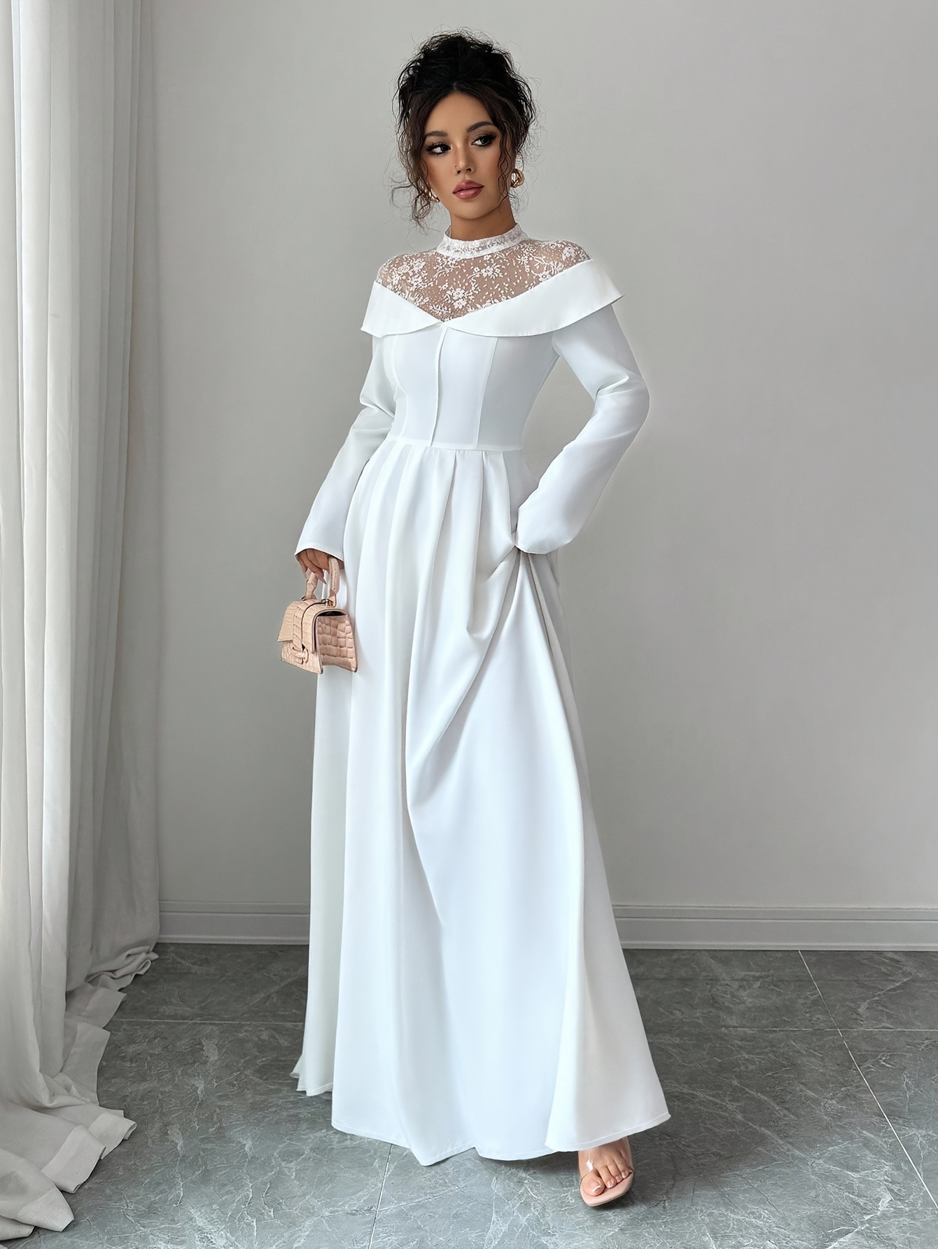 s elegant white a line maxi dress with mesh panel lace like sheer back long sleeve length wedding guest gown round neck formal evening dress machine washable no stretch Product details 14