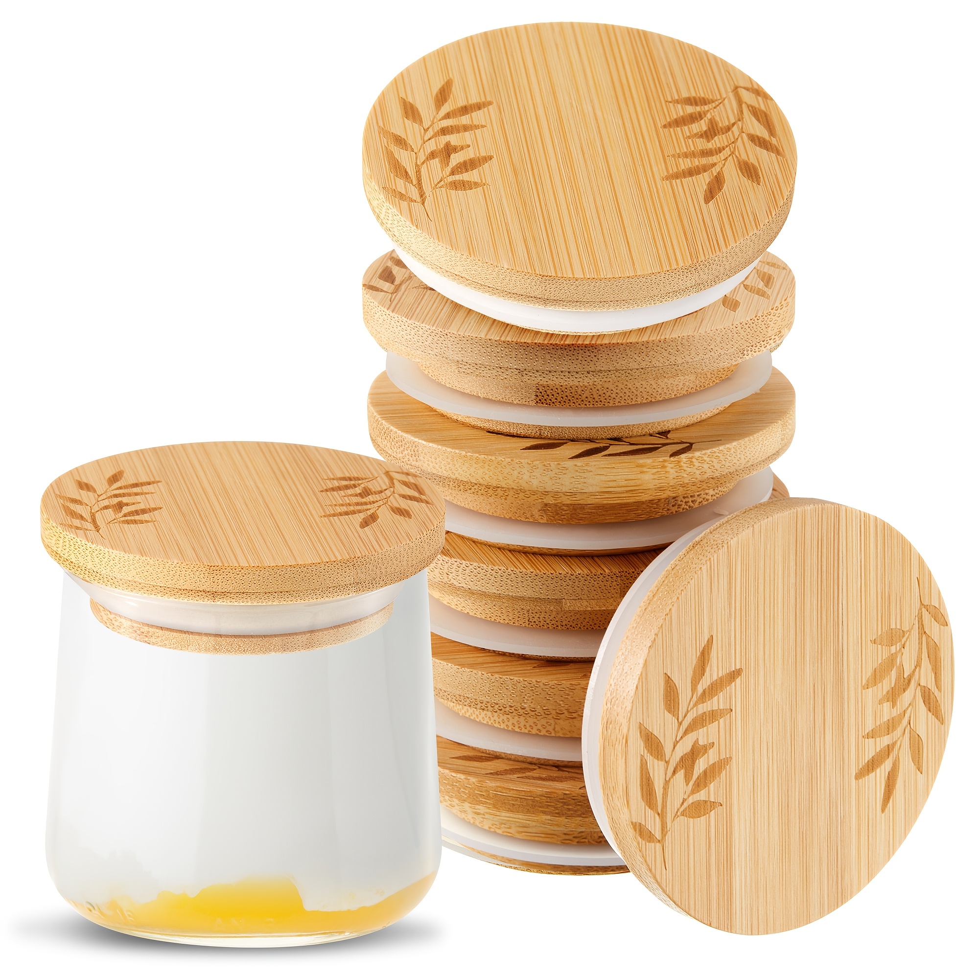 TEMU 6pcs Yogurt Jar Lids Set Bamboo Wooden Lids Compatible With Oui Yogurt Jars Round Reusable Canning Covers With Silicone Sealing Rings For Kitchen Food Storage