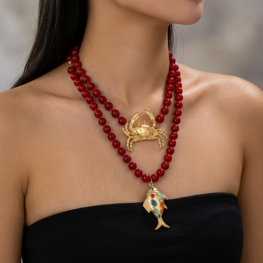 TEMU 2pcs Collier Double Couche de Perles Rouges Style Vacances, Pendentif Crab et Petit Poisson , Bijoux de Cou pour Tenues Photo de Plage, Robe de