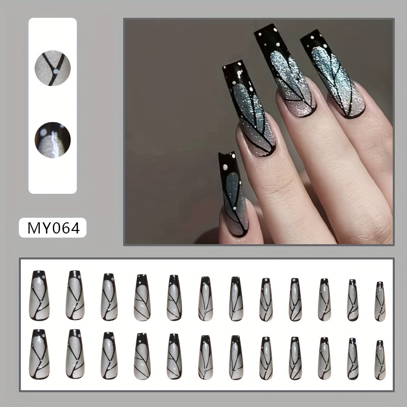 TEMU Cat Eye Wearable Nail Tips With Elegant Wings, Detachable Nail Stickers, Art, , 24pcs