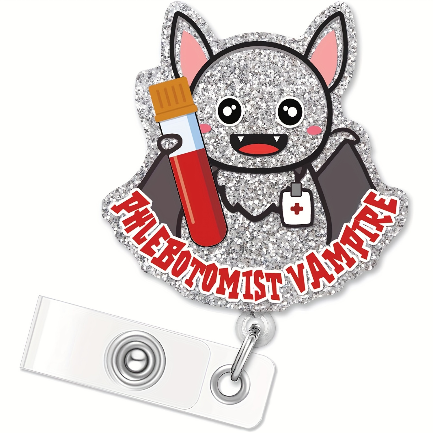 Phlebotomist Vampire Retractable Silver Glitter Badge Reel with Clip, Funny Halloween Bat ID Card Badge Holder Gift for Nurses Doctors Phlebotomist