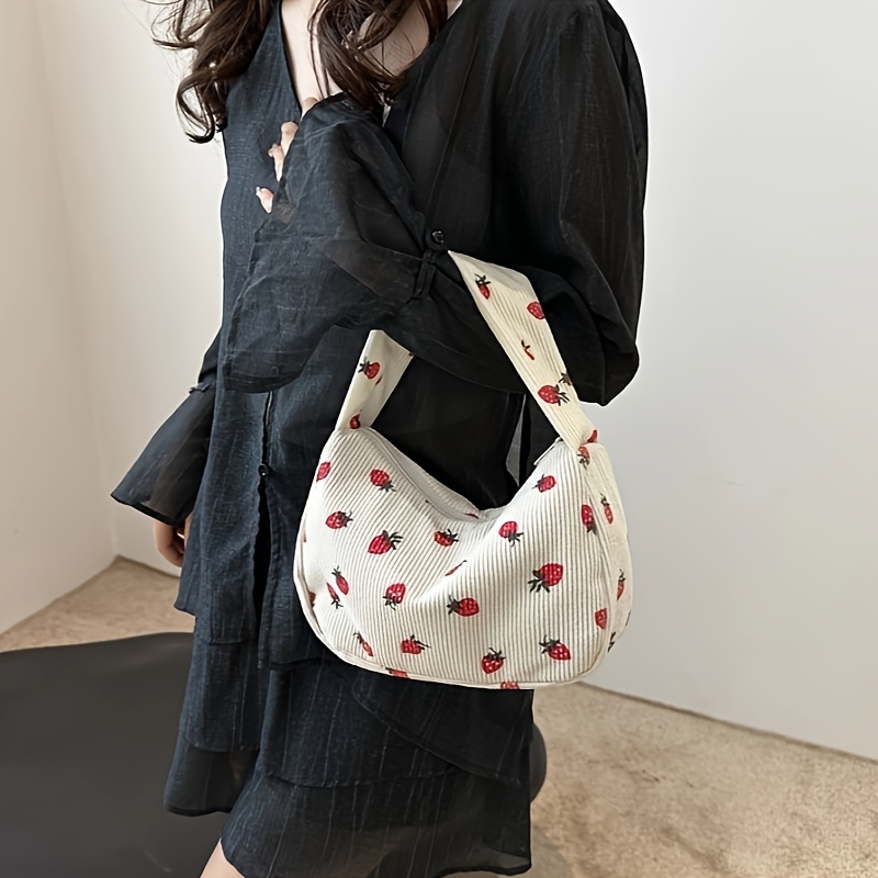 TEMU 1pc Corduroy Tote Bag - Cute Casual Handbag For Girls, Lightweight & With Polyester Lining, White With & Bee Pattern, & Use