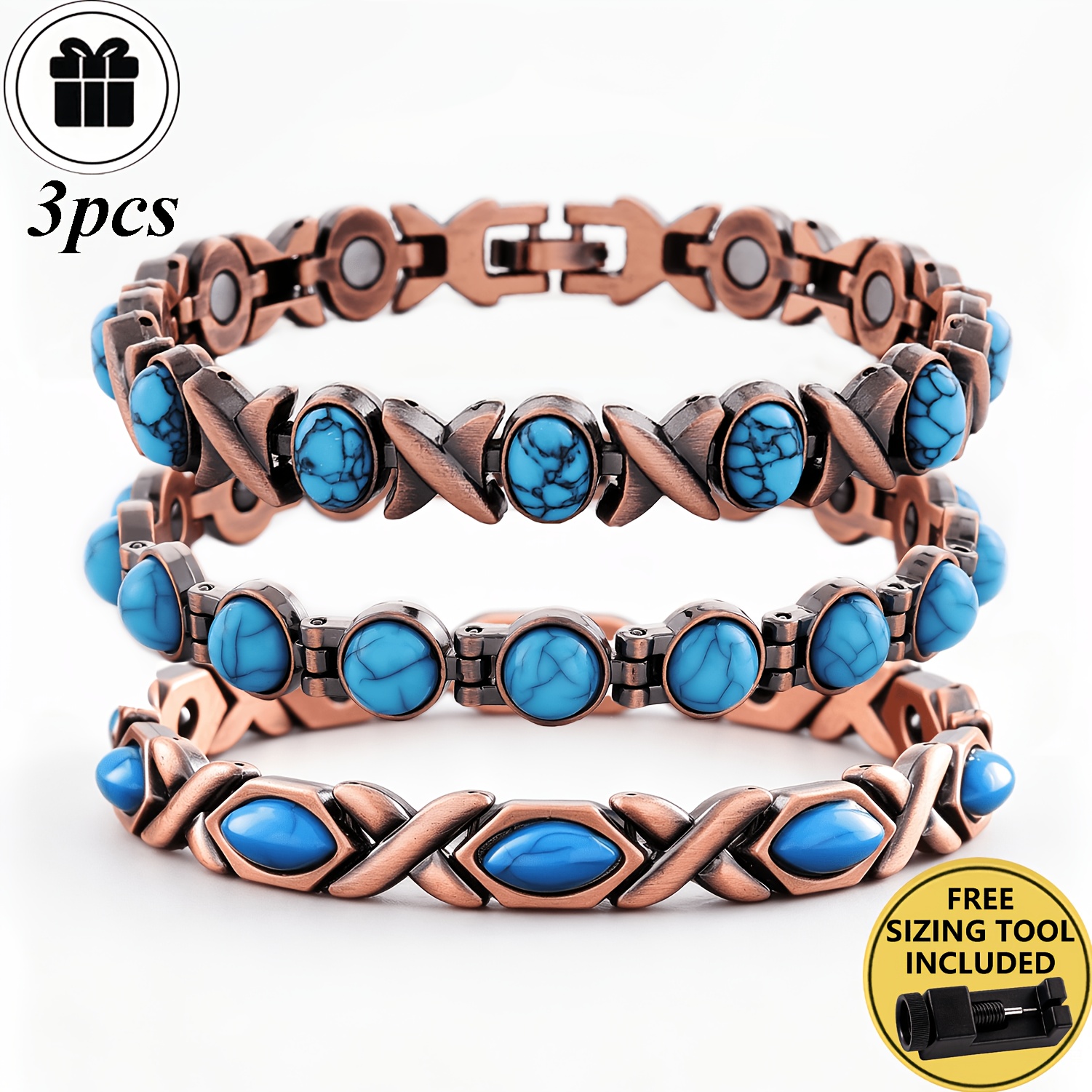 TEMU Lot de 3 bracelets magnétiques bohèmes en cuivre , bracelets ronds, ovales et losangés en turquoise naturelle, ensemble de bracelets magnétiques