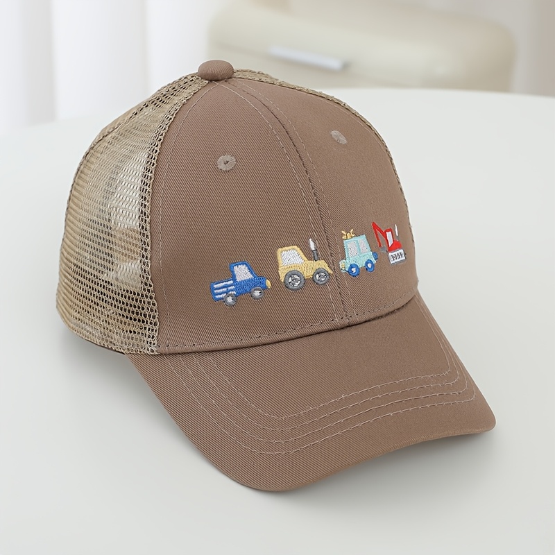 Image of 1pc Hat Summer Mesh Duck Tongue Hat Boys And Girls Small Car Embroidery Sun Hat Breathable Baseball Cap Suitable For Outdoor Sports Mountaineering Cycling Suitable For Old Children