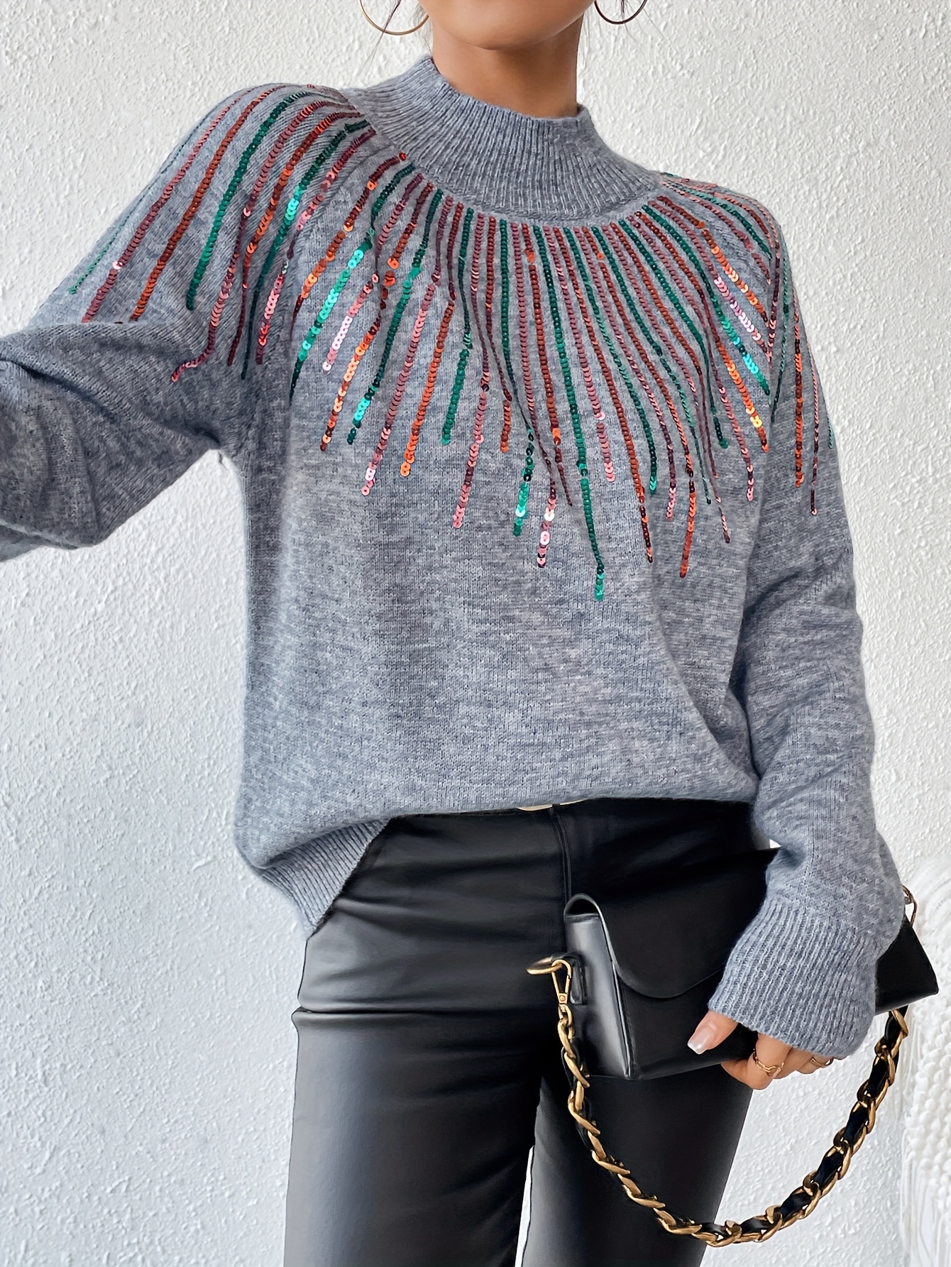 women's elegant high neck sequin sweater grey season sparkle