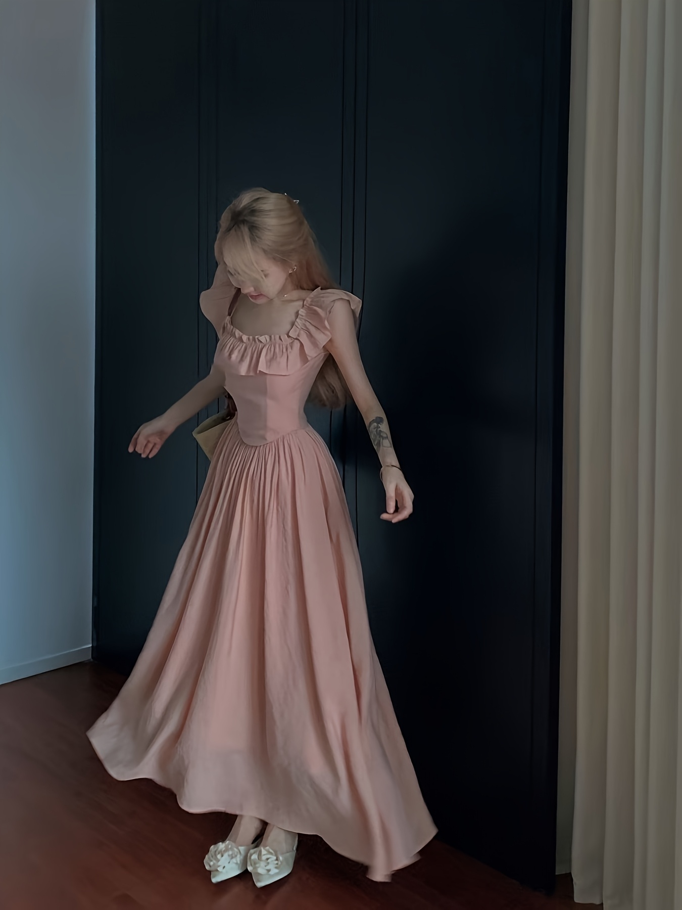open lace back dress Linen Dress with Belt and Embroidered Collar Afternoon, Pink