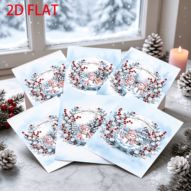 TEMU 6 stuks 2D platte doe-het-zelf diamant schilderij wenskaarten, zwaarder gesneden onregelmatig gevormde sneeuwpop kerstkaarten nieuwe stijl,