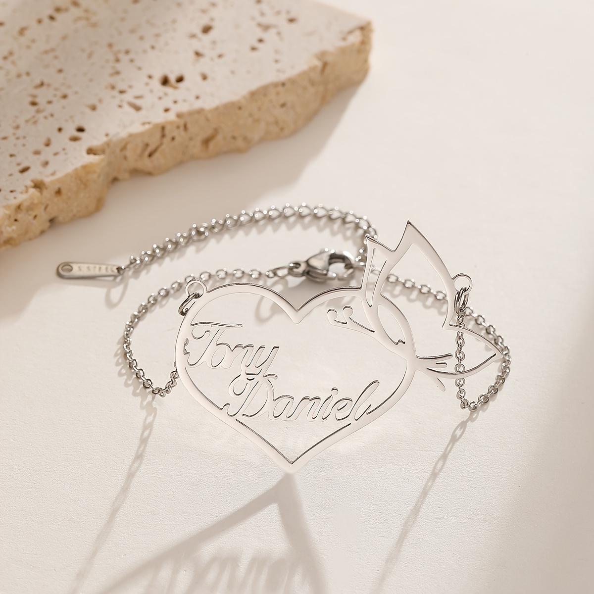 Customizable Stainless Steel Heart & Butterfly Bracelet