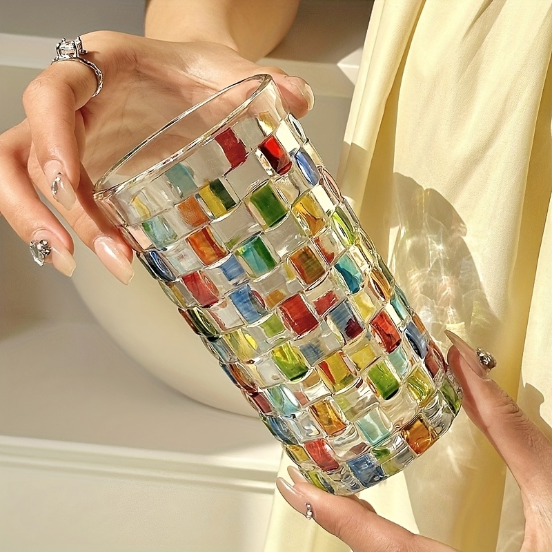 TEMU 2pcs/4pcs Hand-painted Square Lattice Woven Glass Water Glass Juice Glass Whiskey Glass Hand-painted Colorful Glass Beer Glass, , Entertaining
