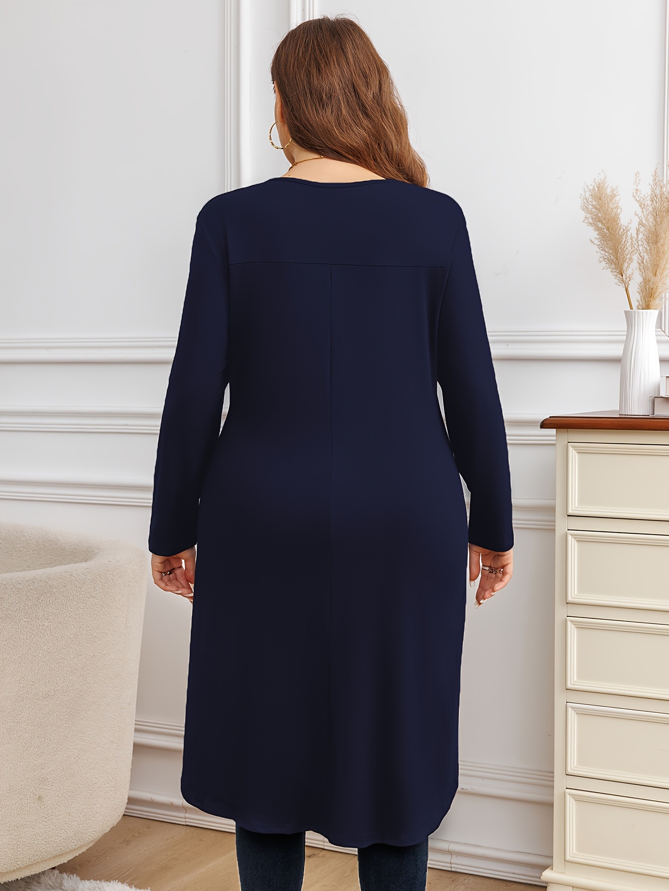 Plus Size Long Sleeve Tunic Top For Women - V Neck Asymmetrical Hem Loose Fall Shirt To Wear With Leggings, D-Fuchsia