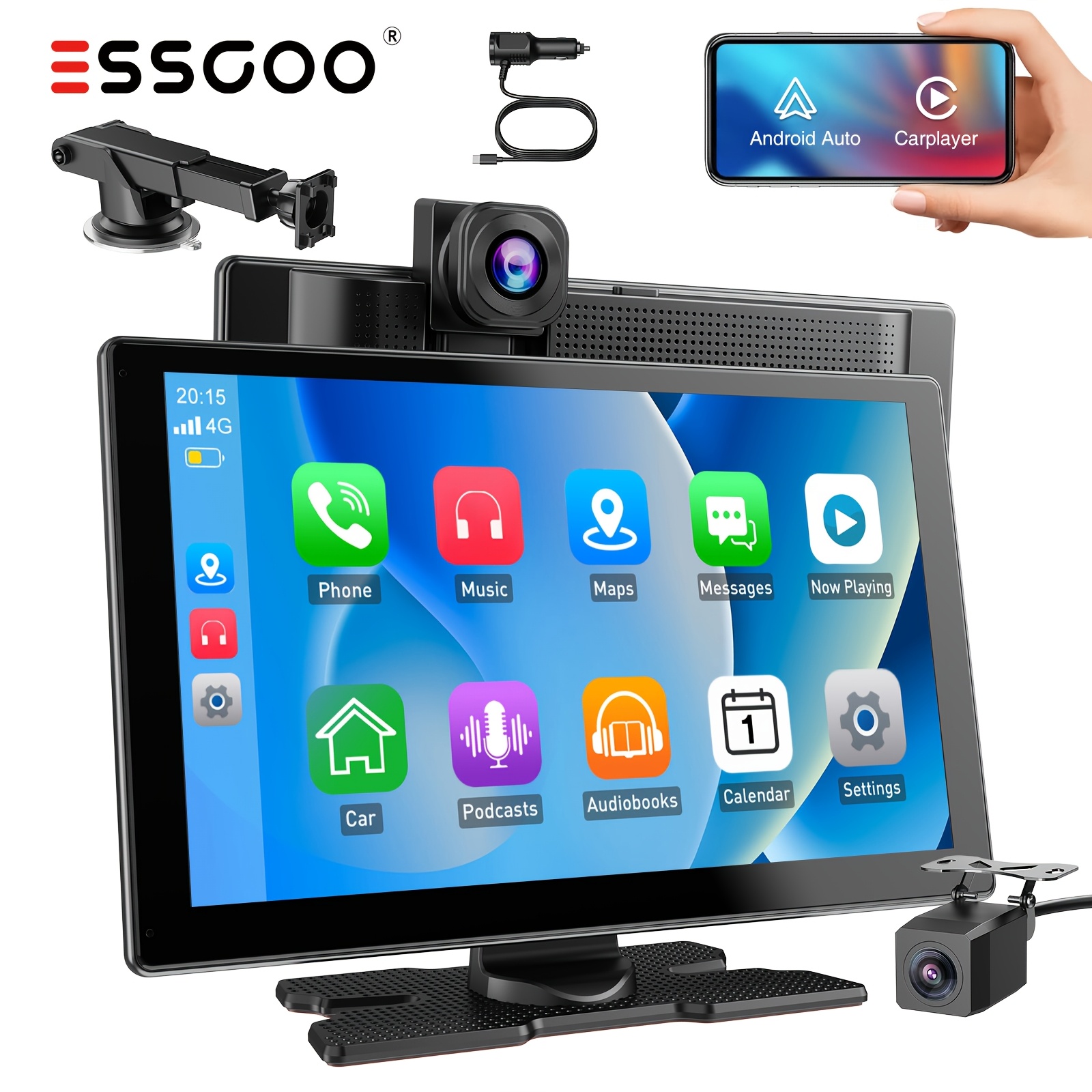Essgoo 9" Portable & Auto Car Stereo | Ips Screen With 4k Front Dashcam Dvr Cam & 1080p Reverse Camera, Loop Recording, , Fm Transmitter, Aux, Voice Control, , Dual Brackets