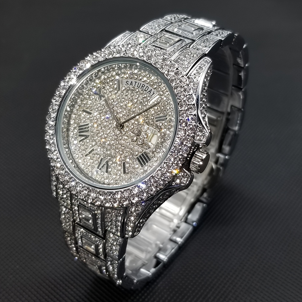 Rhinestone-studded Watch With Multiple Functions, Including Date Adjustment And Calendar Features, Perfect As A Gift For Men Who A Style