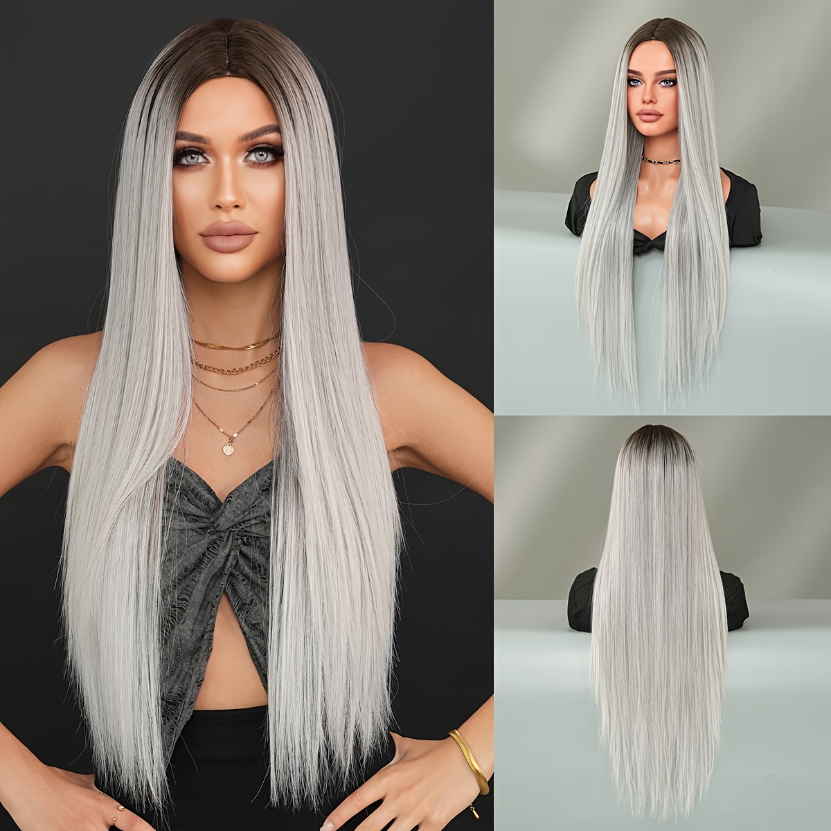 

Chic Ombre Silvery White Wig With Dark Roots - High Density, Heat Resistant Synthetic Hair For Women | Perfect For Daily Wear & Parties | 31.49" Long Straight Middle Part
