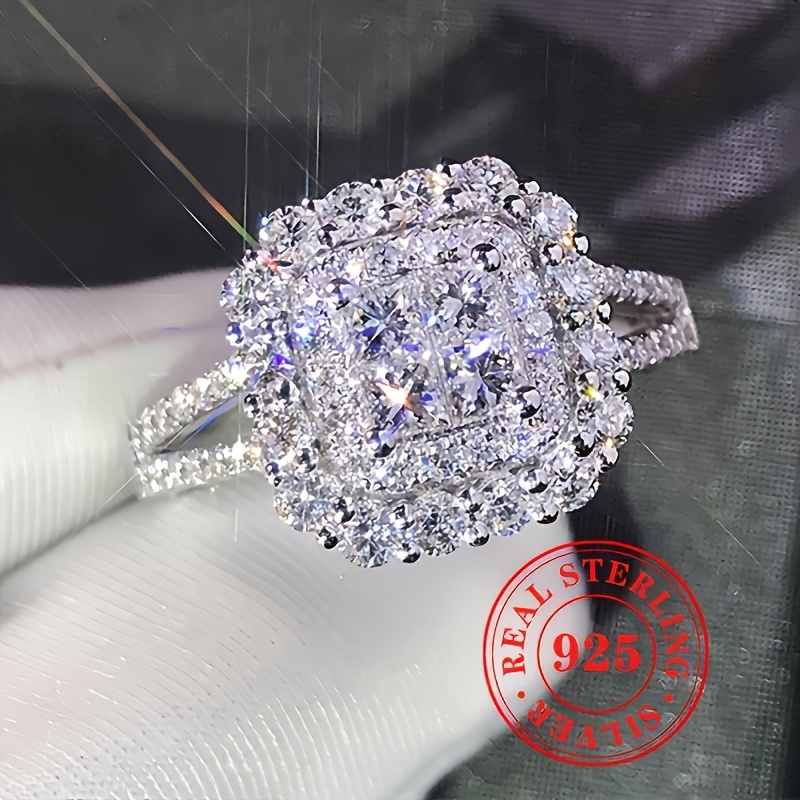 

925 Sterling Silver Luxurious Square Bridal Wedding Ring, Zirconia Women's High-end Fashion Jewelry,