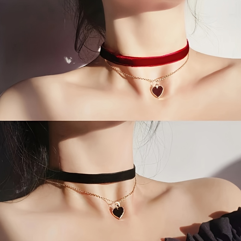 

Elegant 2pcs Velvet Choker Necklace Set With Heart Pendant, Fashionable & Sexy No-plating Jewelry For Women, Ideal For Daily Wear & Valentine's Day Gift, All-season Polyester