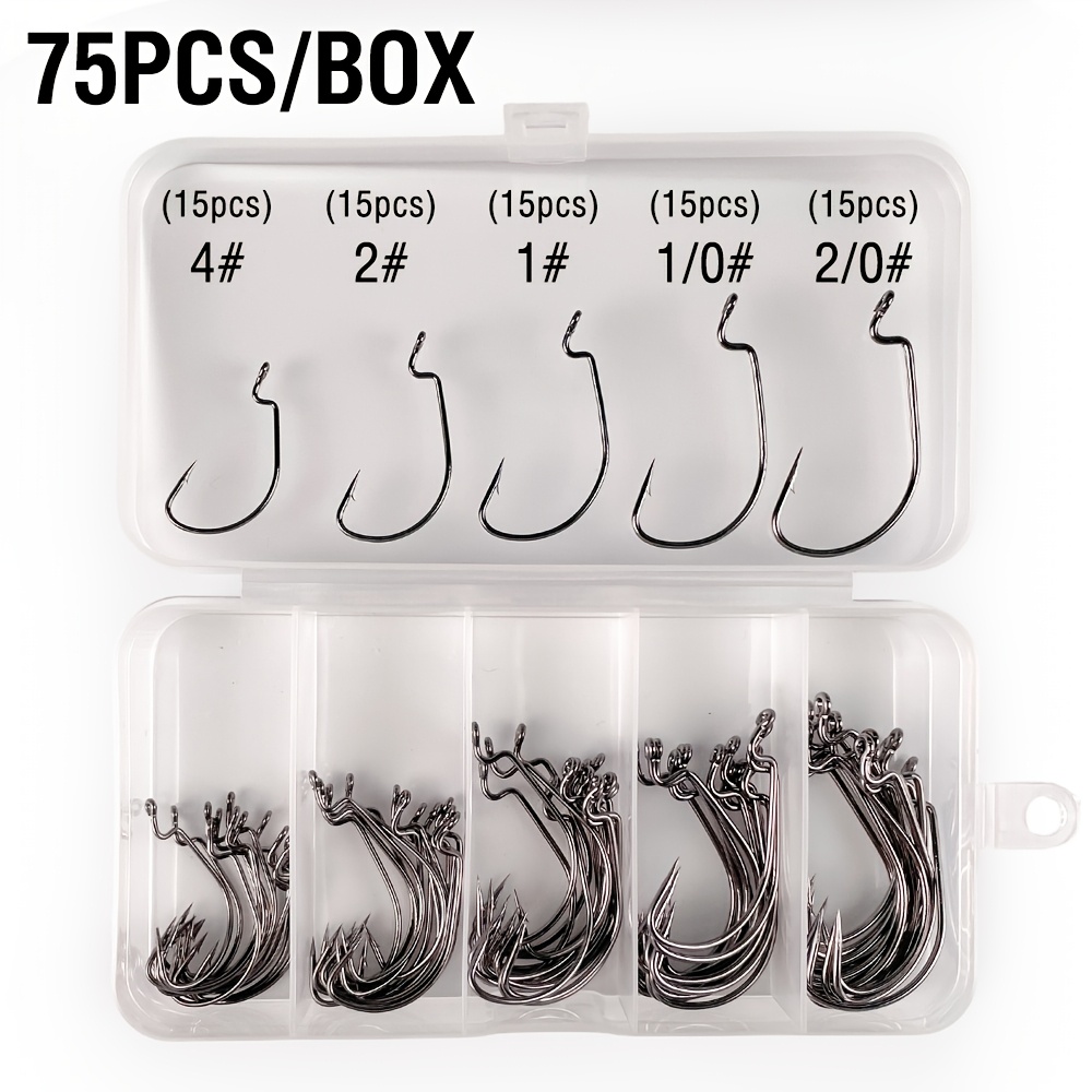 TEMU Ensemble de 75 hameçons offset en acier au avec boîte, 5 tailles 4#-2/0#, adaptés pour bar, truite, brochet, adaptés pour Texas et Drop Shot
