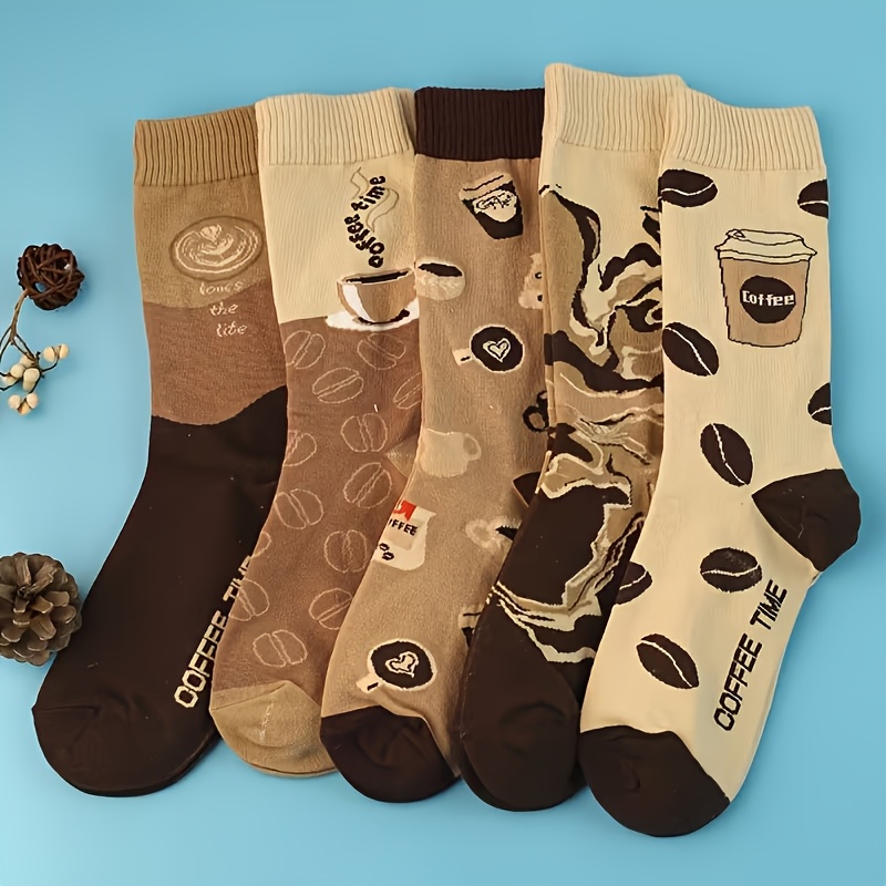 TEMU Chaussettes pour hommes en lots de 2, 3 ou 5, avec un design tendance sur le thème du café, élégant et original. Ces chaussettes légères et