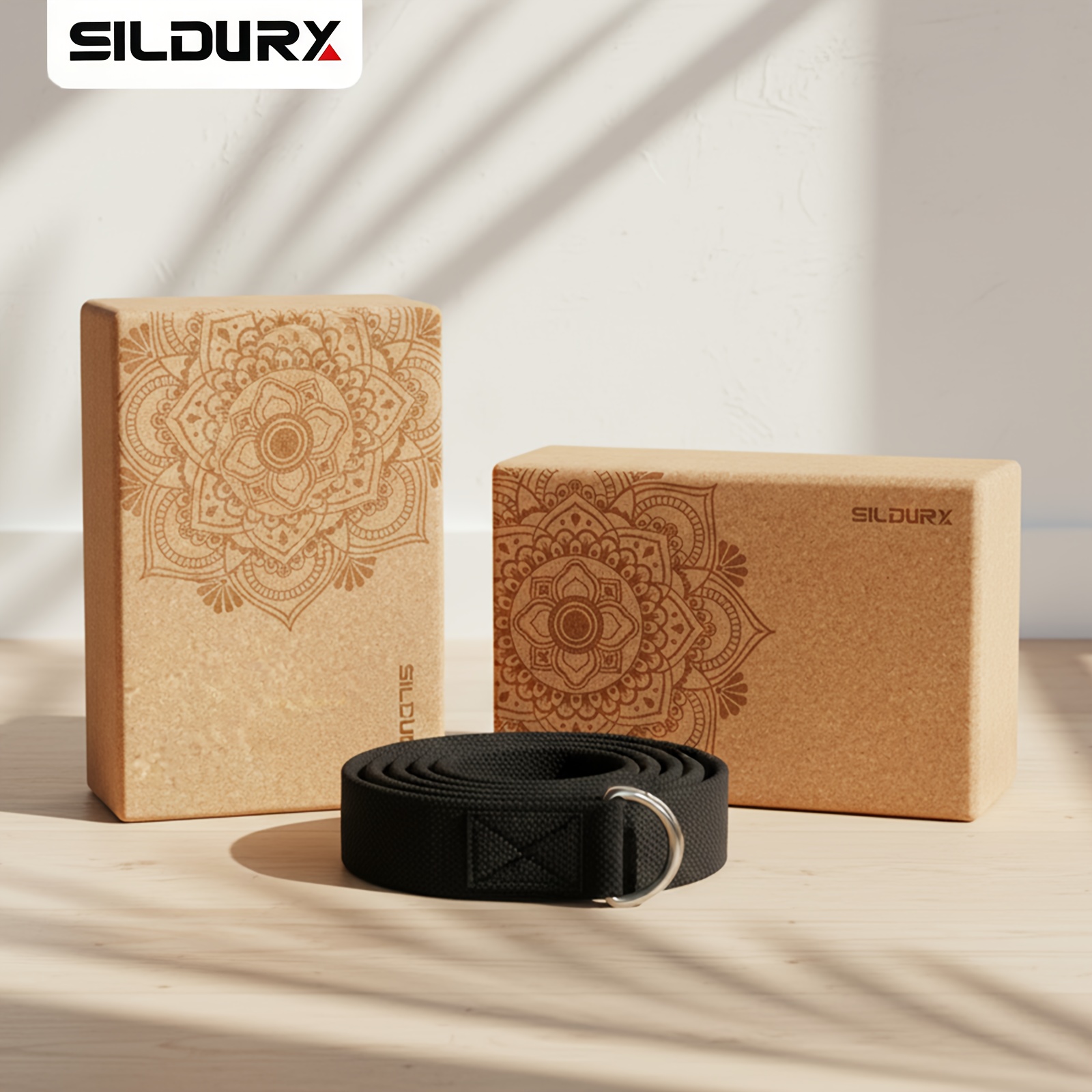SILDURX Cork Yoga Blocks 2 Pack with Yoga Strap, Cork Bricks- High Density Yoga Accessories for Women - Ideal for Yoga P