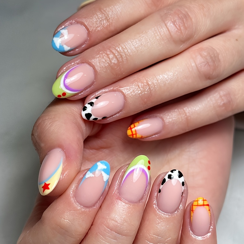 TEMU 24pcs Y2k Cute Cartoon Nails Almond Press On Acrylic Nails Medium Surface Glossy With Colorful Hand_drawn Cloud Cow_print Nails Tips