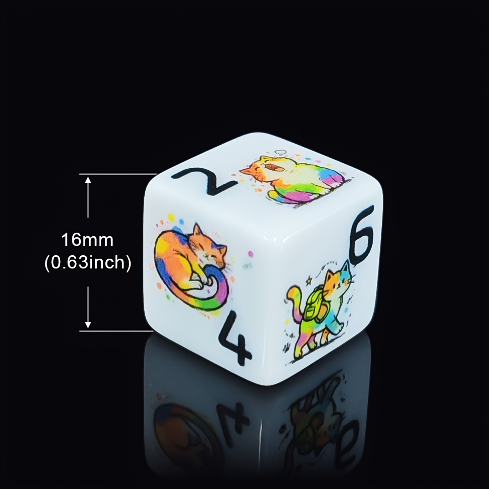 6pcs/Set 16mm D6 Acrylic Dice with Rainbow Cat Pattern