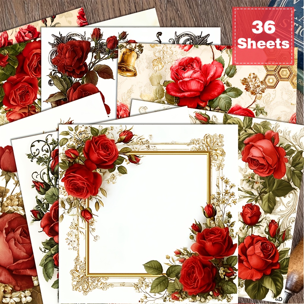 TEMU 36 Sheets Of 6x6 Inch Court-style Red Rose Decorative Paper, European Vintage Red Scrapbooking Paper. Suitable For Collage, Origami, And Craft