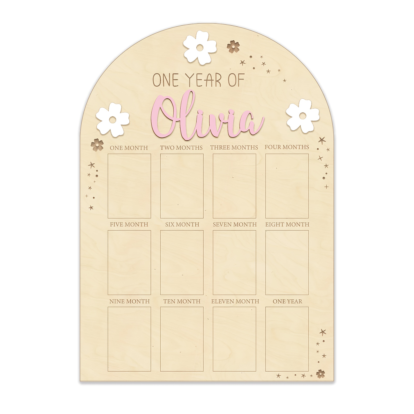 Image of Year Of With Daisy Pattern Birthday Wooden Photo Board - Personalized Name With 1 Year Of Photo Board, Monthly Milestone Wooden Photo Board, First Birthday Party Decoration, 12 Months Photo Banner