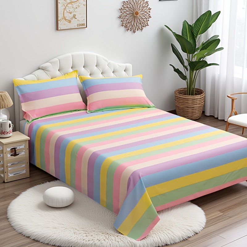 TEMU 1pc Colorful Striped Pattern Printed Bed Sheet, Pillowcase Not Included