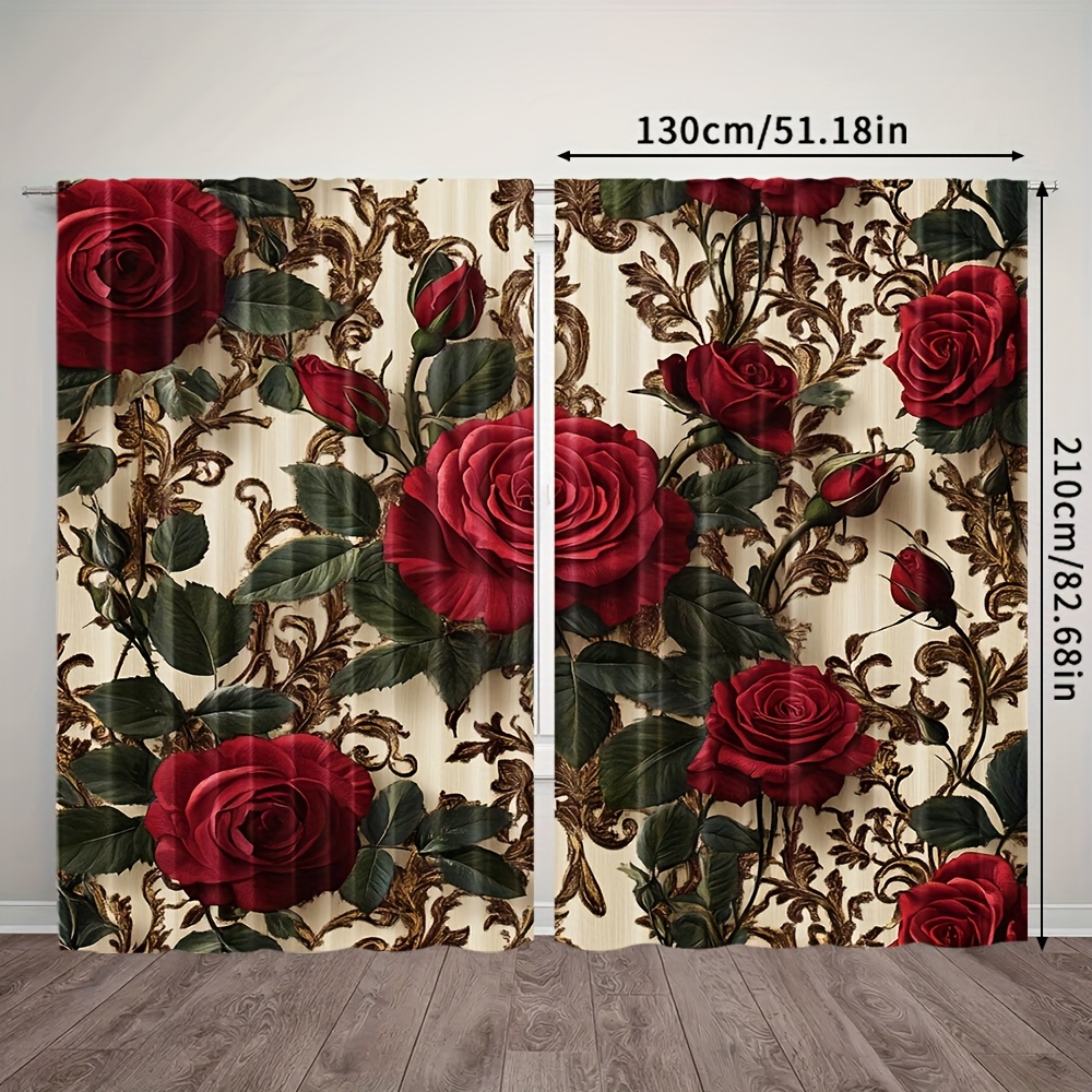 TEMU 2pcs Red Roses & Golden Floral Sheer Curtains - Elegant Polyester Fabric With Vibrant Red Roses & Golden Swirls, Light Filtering, Use For Living