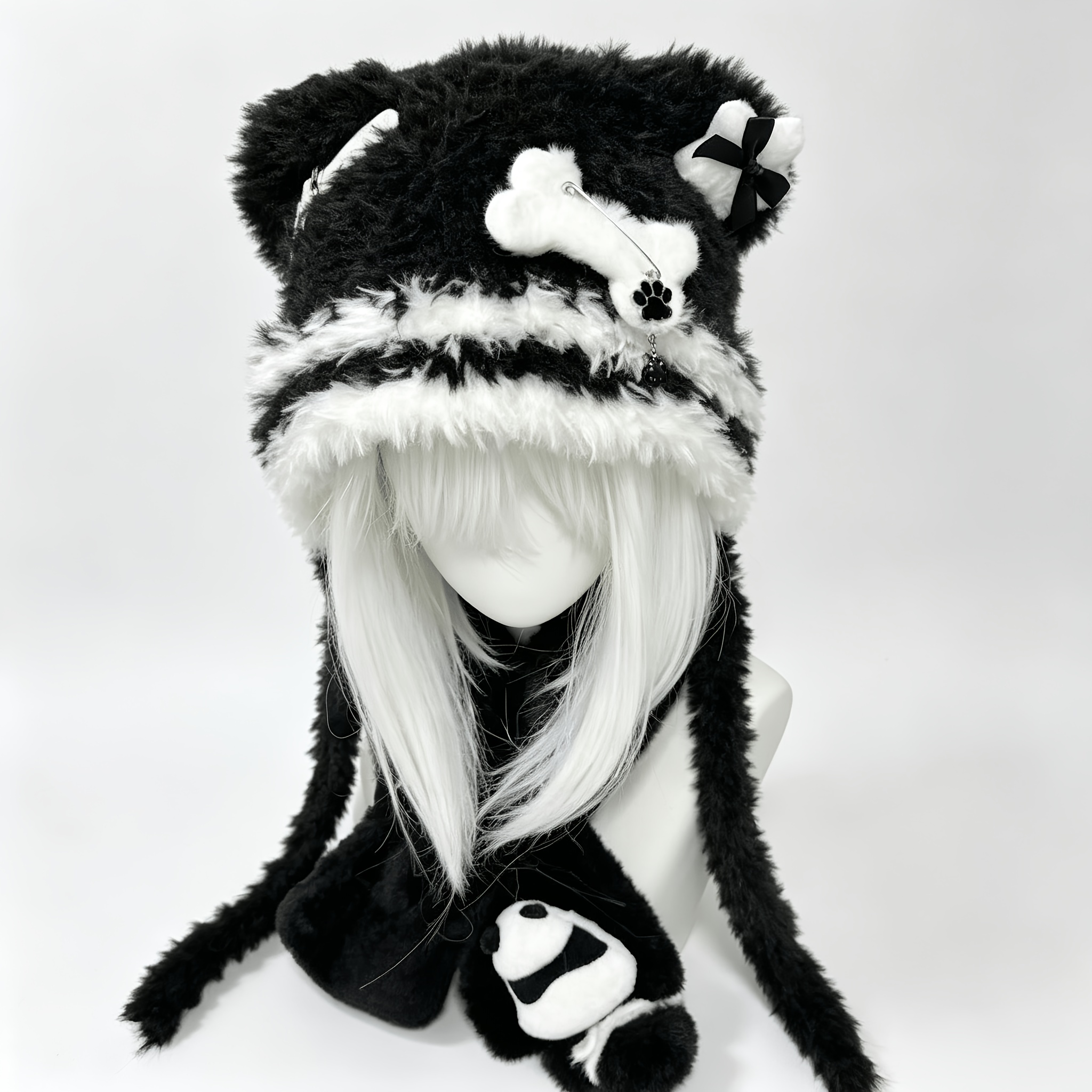 TEMU 1pc Serre-tête en peluche Y2K Sub-Style avec oreilles d'ours, bonnet d'hiver moelleux à rayures noires et blanches, de griffes d'os et de nœud,
