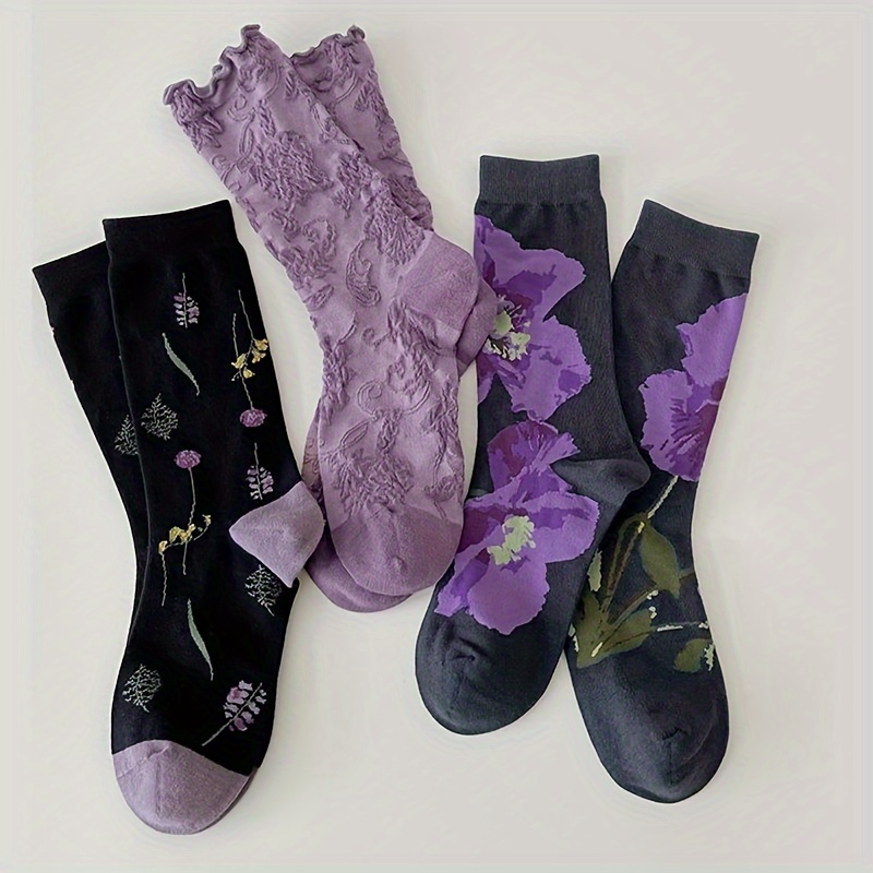 

3 Pairs 3d Textured Purple Floral Embossed Socks, Comfy & Breathable Mid Tube Socks, Women's Stockings & Hosiery - Perfect For Fall & Winter