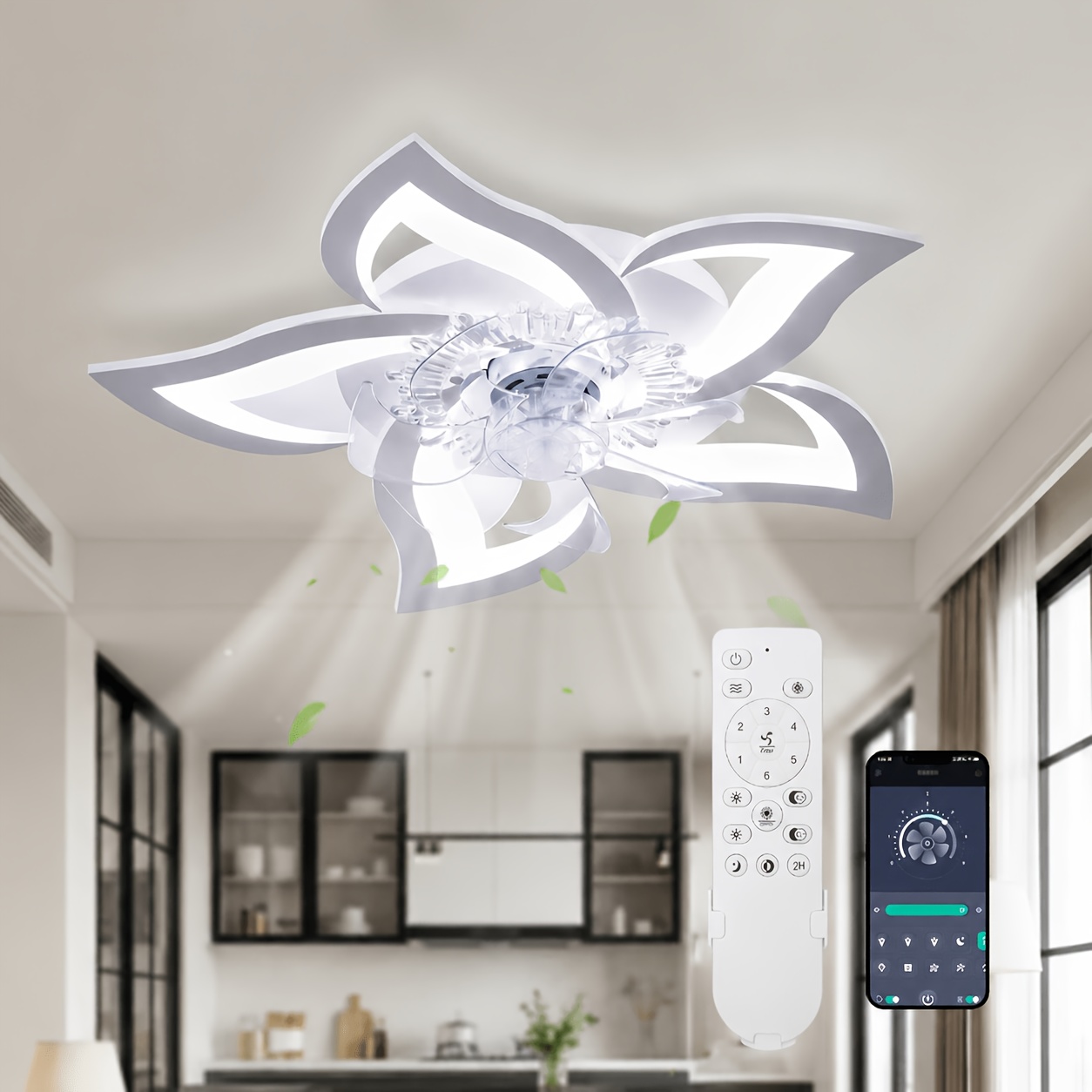 Led Petal Shaped Ceiling Fan With Light, Dimming, 6-speed Wind , Equipped With Remote Control, Suitable For Bedrooms, Kitchens, And Living Rooms