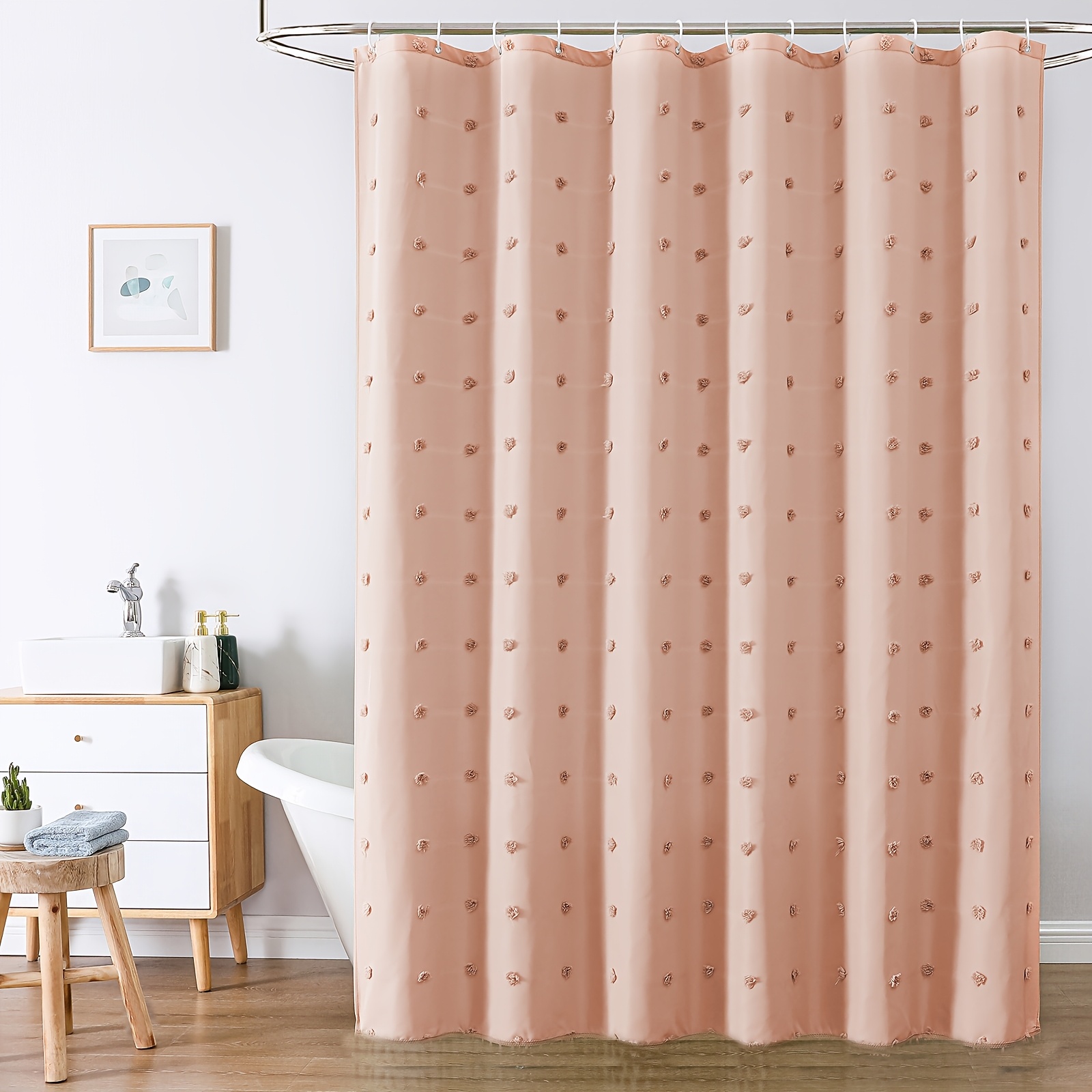 Bohemian Chic Polka Dot Shower Curtain with White Hooks, Machine Washable