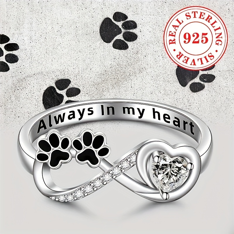 

1pc Women's Promise Ring 2.3g 925 Pure Silvery Cute Animal Paw Print Inlay Synthetic Zirconia Love Infinity Ring Women's Proposal Engagement Love Engraved Ring Valentine's Day Jewelry Gift