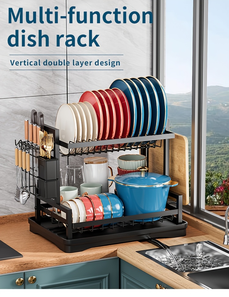 dish drying rack kitchen organizers and storage 2 tier kitchen organizers and storage for dishes bowls cutlery black local warehouse Product details 0
