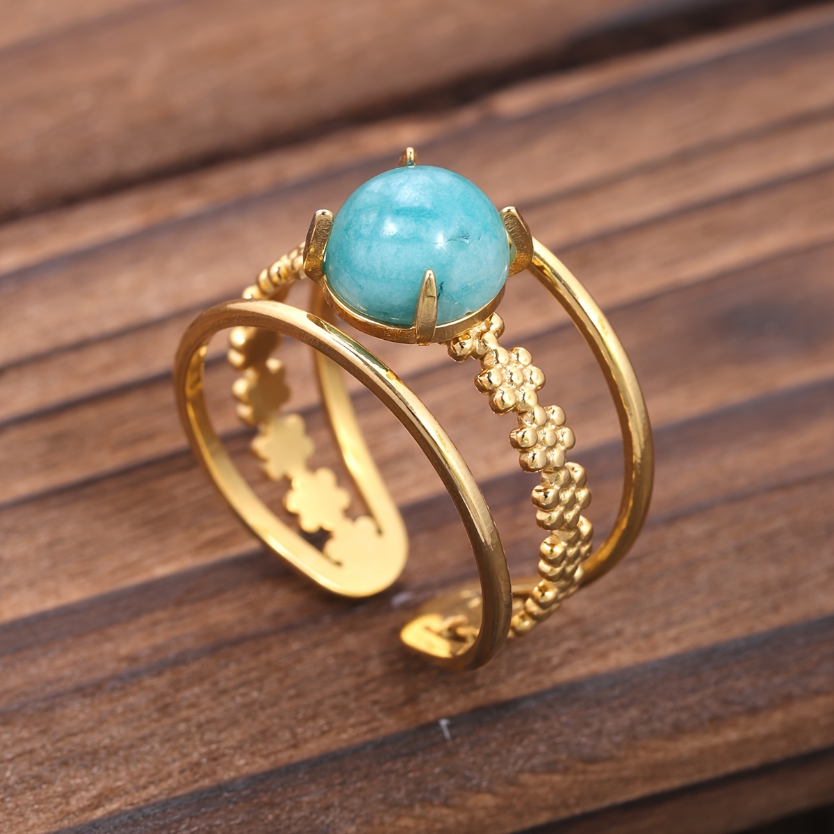 Golden Stainless Steel Ring with Turquoise Stone